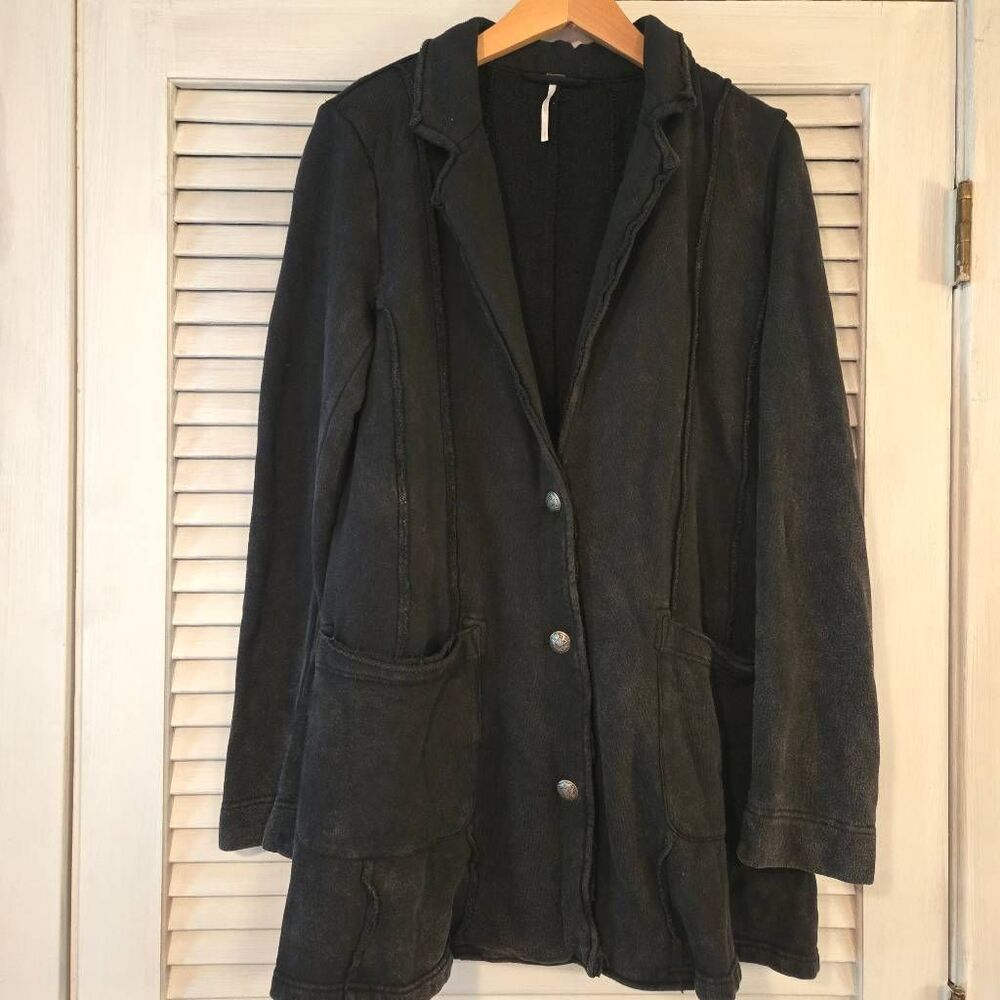 Free People Black Cotton Knit Raw Edge Blazer Jacket Small